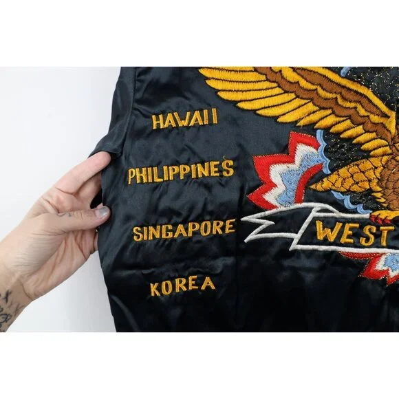 Vtg 80s Mens Large Distressed USS Kitty Hawk West Pac 84 Souvenir Jacket Sukajan